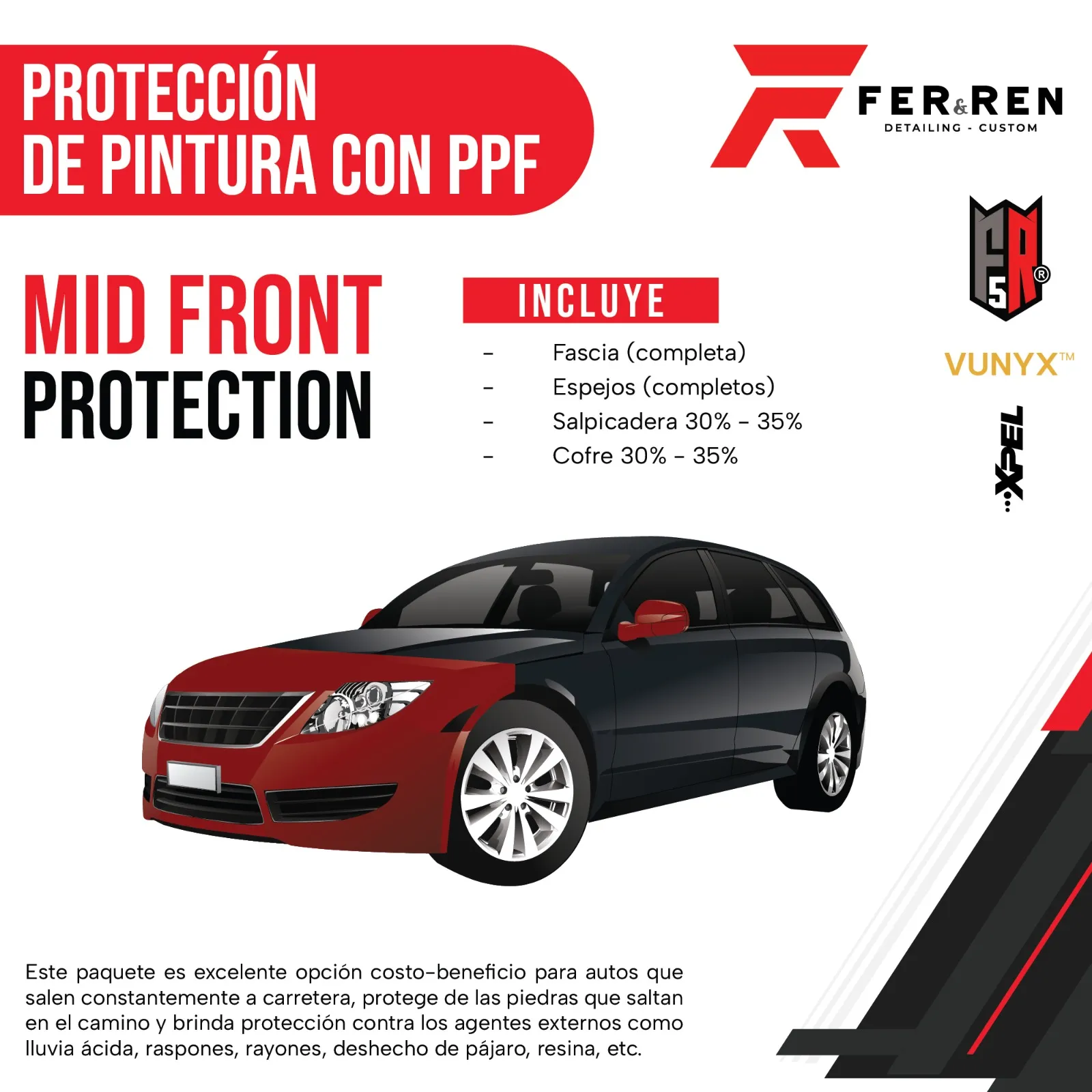 Cobertura del paquete PPF Mid Front: fascia, espejos y áreas parciales del cofre y salpicaderas