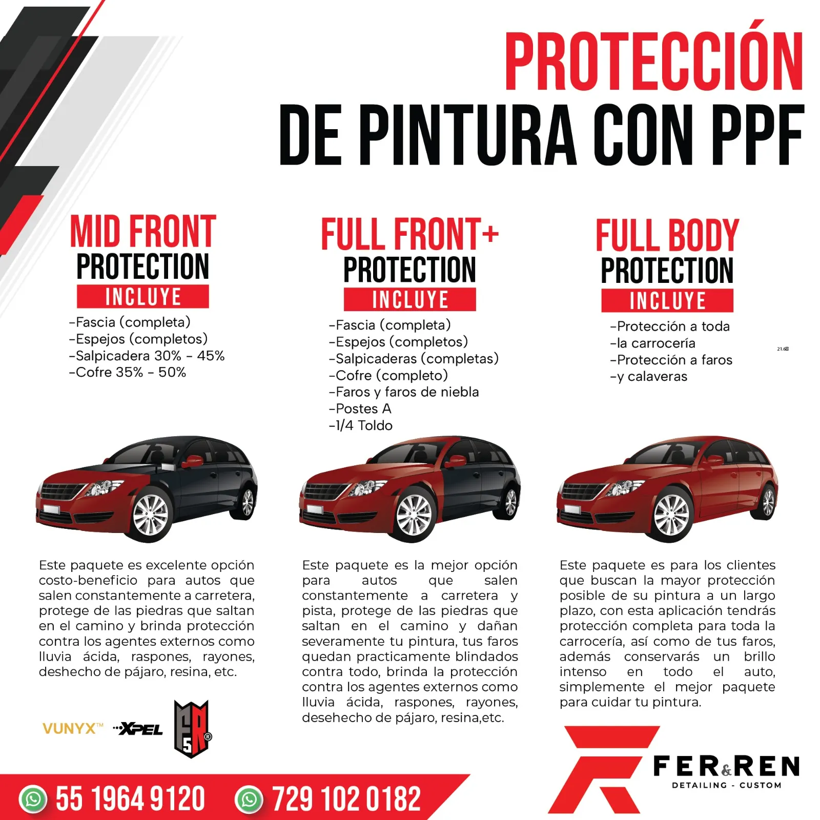 Comparación de cobertura Mid Front, Full Front Plus y Full Body en película PPF